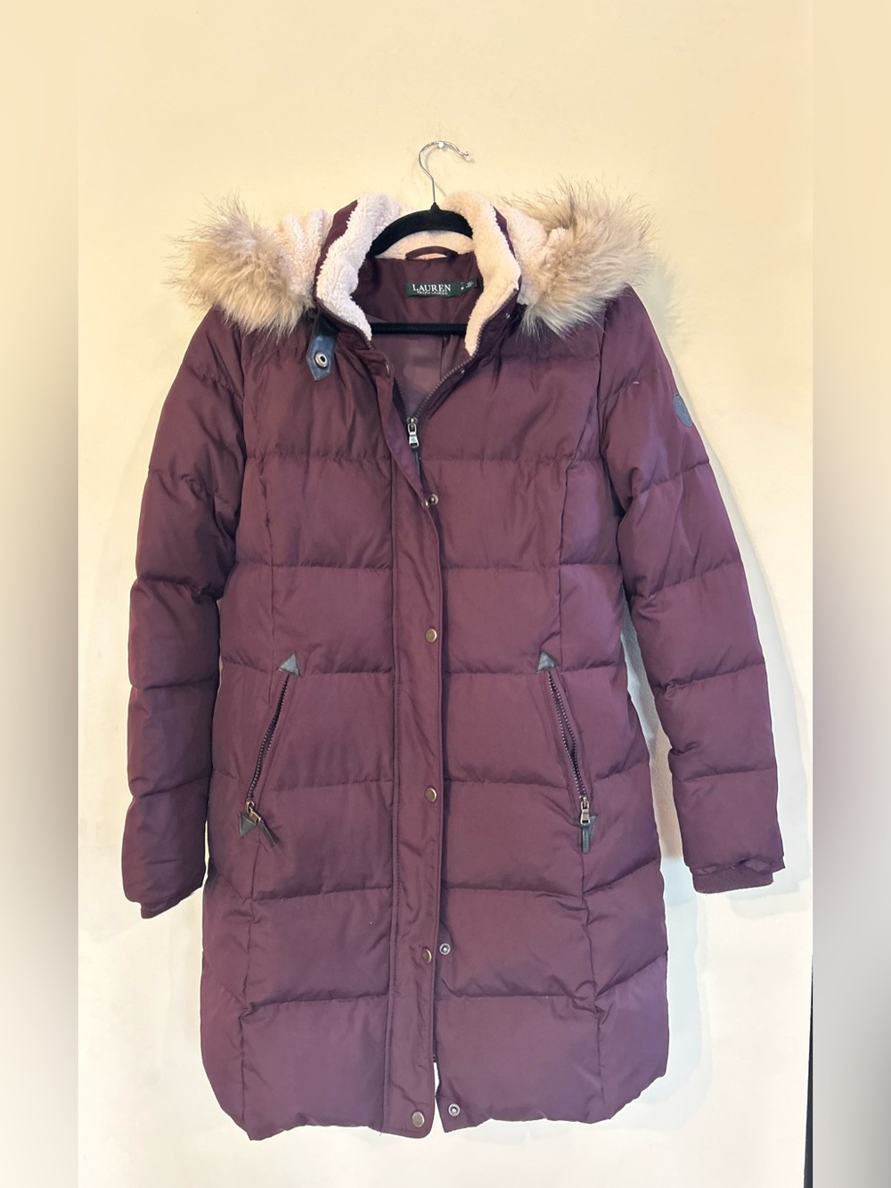 Ralph Lauren Women’s Down Fill Faux Fur Detachable Hood Purple Puff Jacket M - Picture 3 of 13